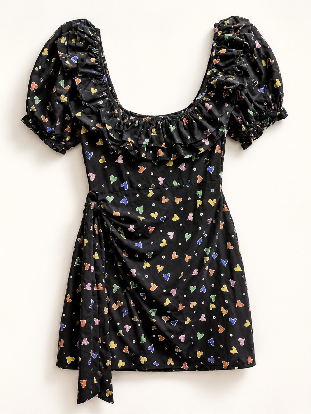ASOS Black Mini Dress with side Belt wrap Multicolor Heart ❤️ Puff Sleeves